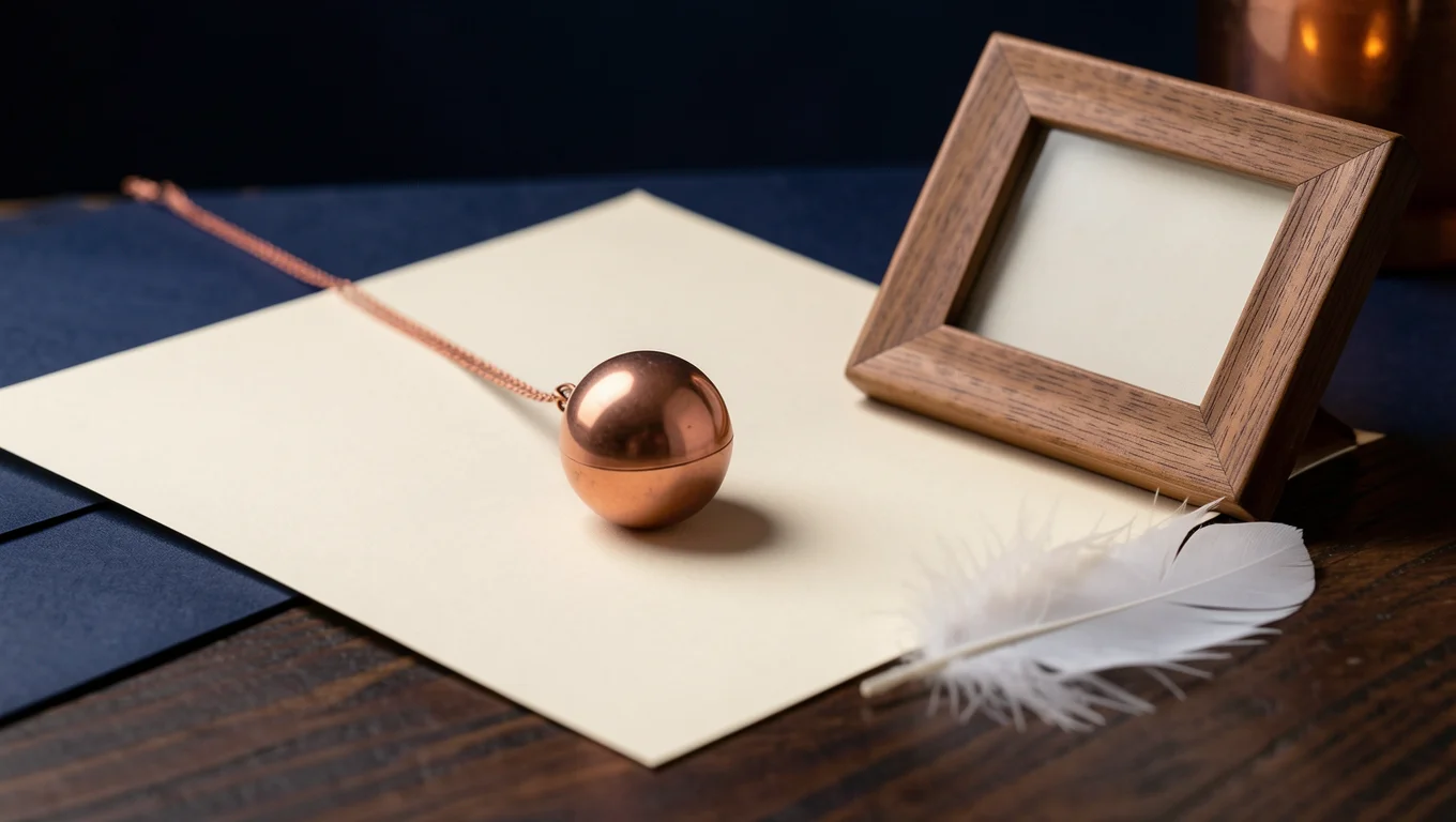 Pendule en cuivre posé sur une feuille crème près d'un cadre photo vide et d'une plume