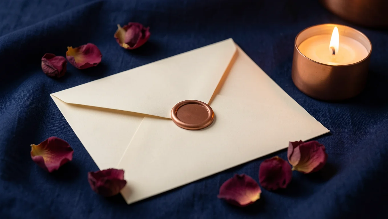Enveloppe crème scellée à la cire cuivrée, pétales de rose séchés et bougie