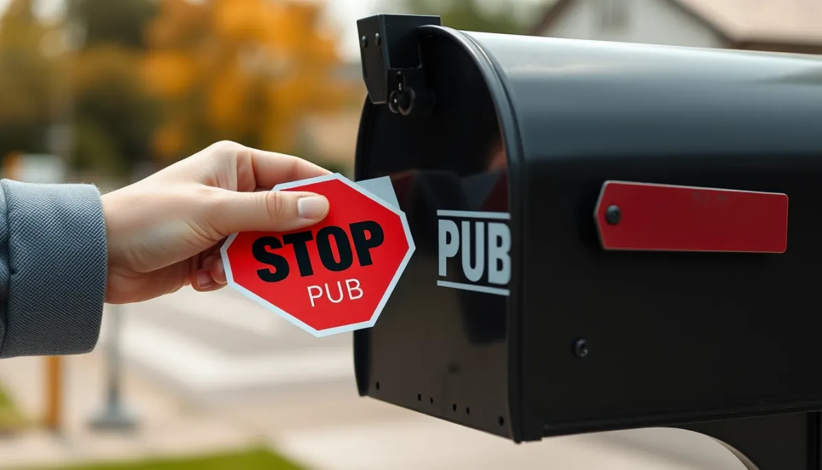 Main appliquant un autocollant Stop Pub sur une boîte aux lettres