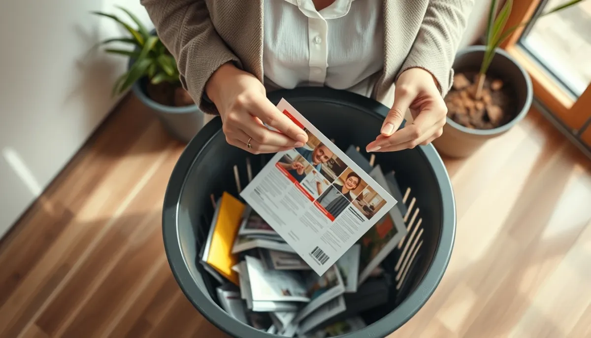 Personne triant son courrier et jetant un prospectus dans une poubelle de recyclage
