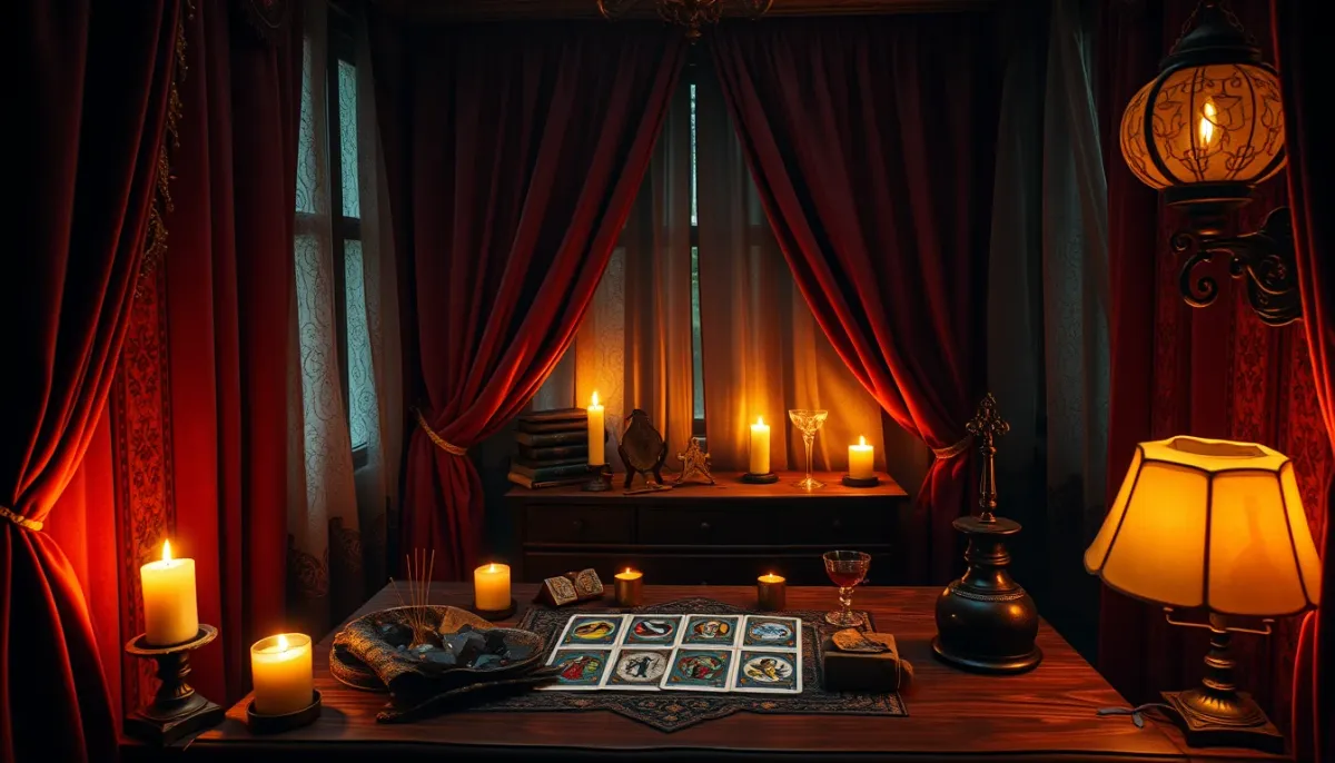 Cabinet de voyance chaleureux avec bougies, cristaux et cartes de tarot pour une consultation en face à face