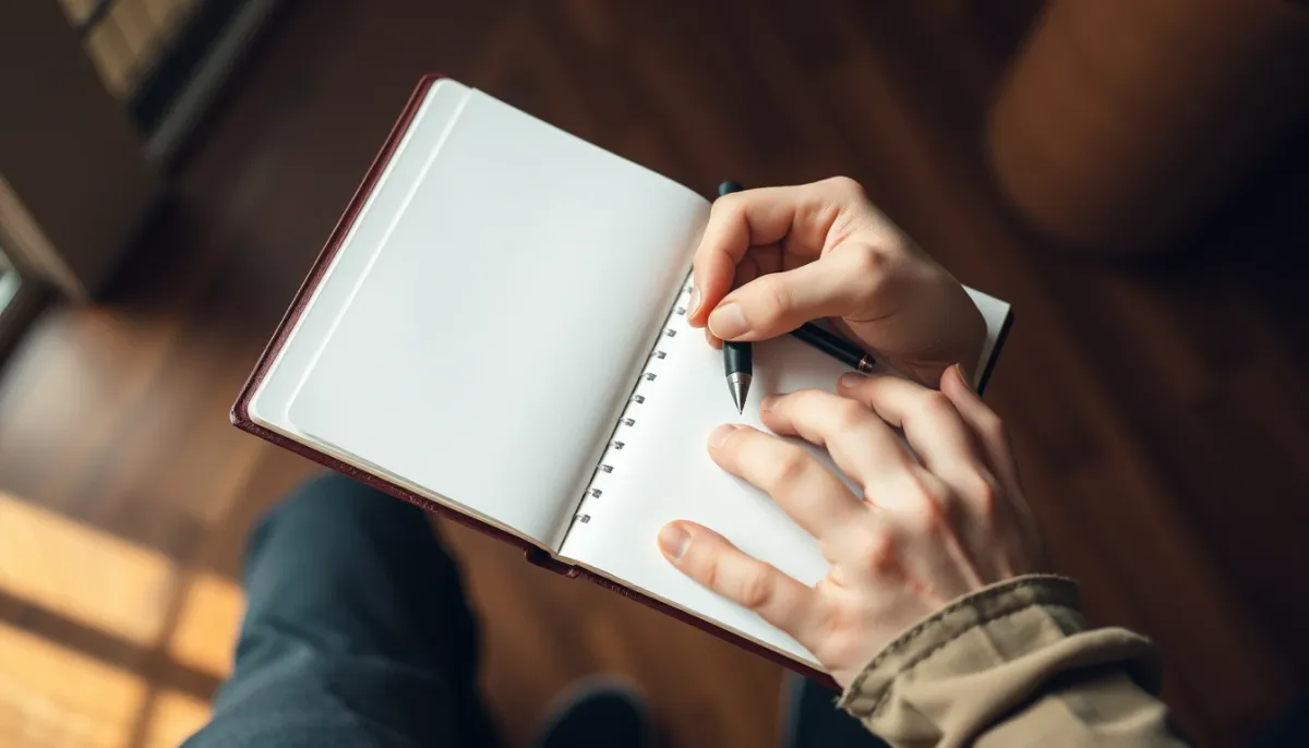 Mains prenant des notes dans un carnet, symbolisant les questions à poser sur la formation et l'expérience d'un magnétiseur en Sarthe