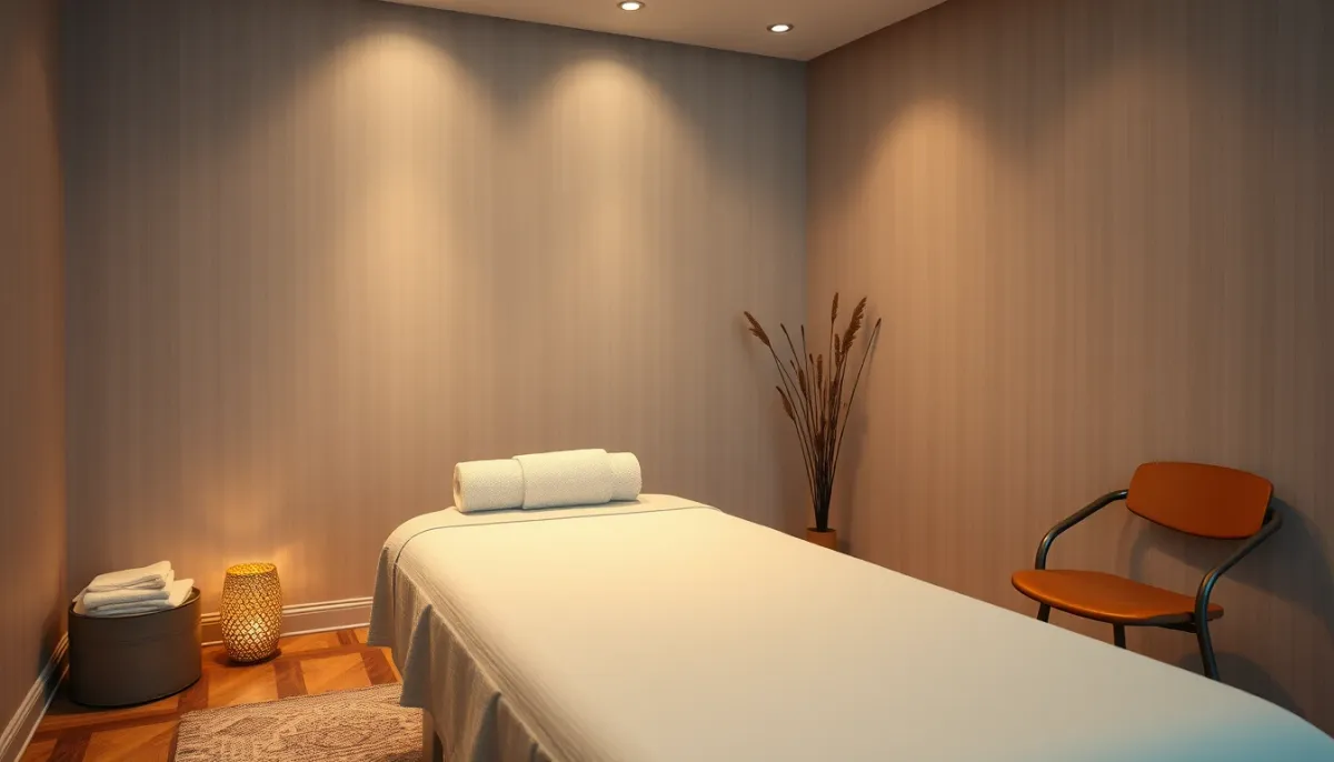 Salle de soin paisible avec table de massage et serviettes, illustrant le déroulement d'une séance de magnétisme en Sarthe