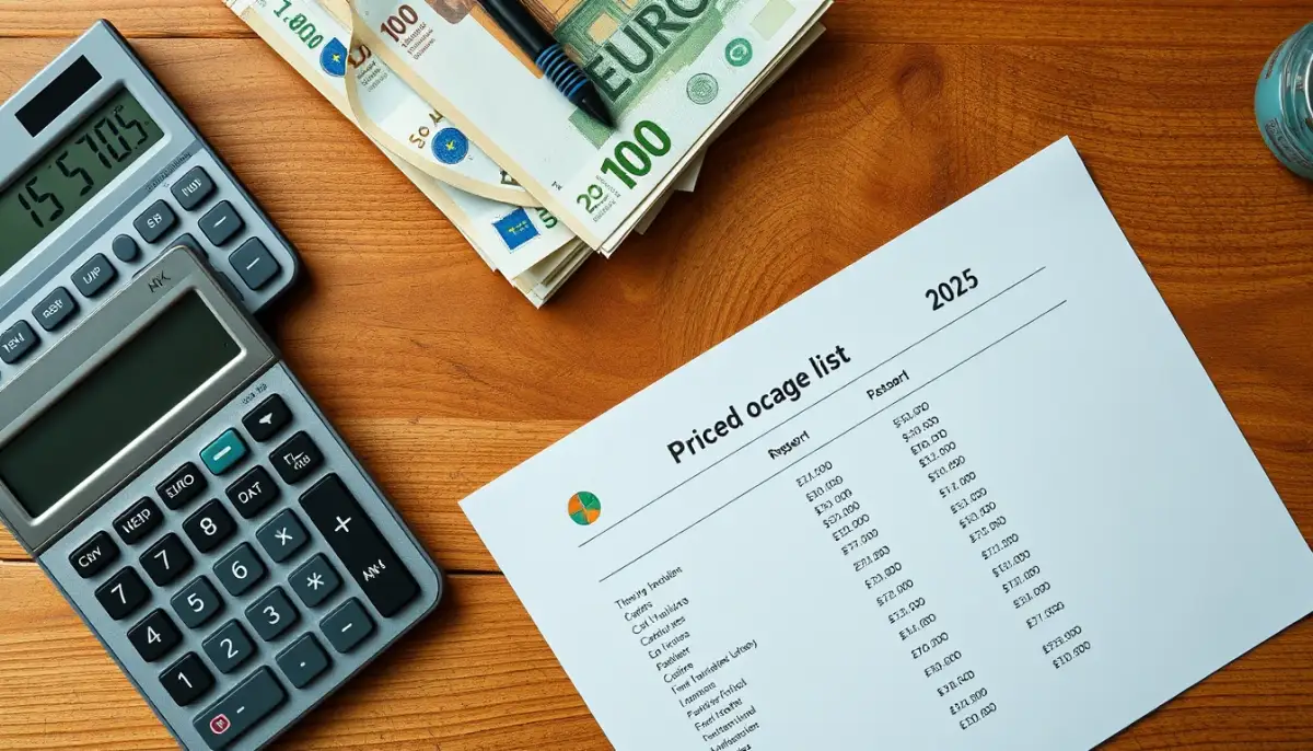 Bureau avec calculatrice, billets en euros et grille tarifaire, représentant les tarifs et modalités de paiement d'un magnétiseur en Sarthe