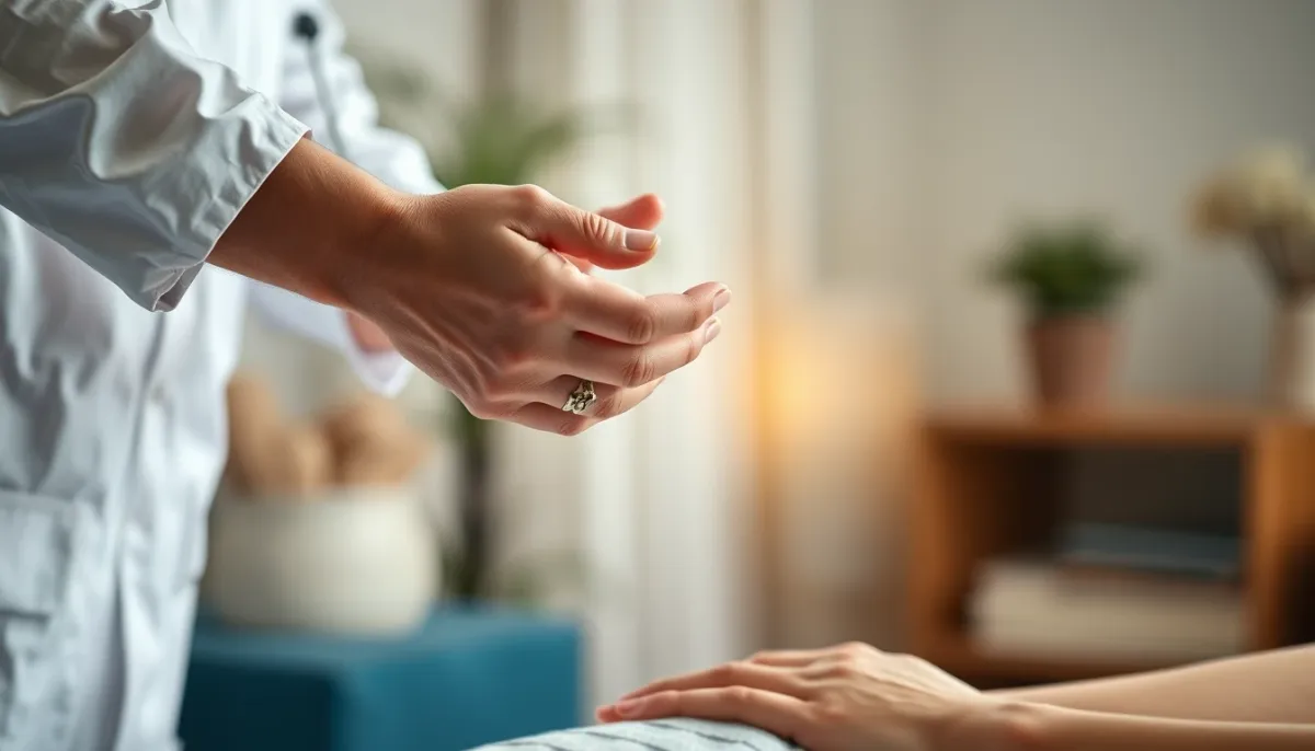 Séance de coupeur de feu : mains du praticien au-dessus du bras d'un patient, geste de soin traditionnel