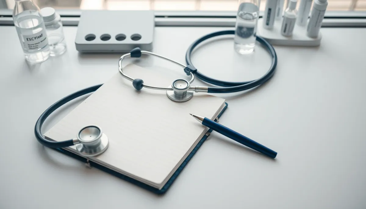 Bureau de recherche médicale avec stéthoscope et carnet, symbolisant l'évaluation scientifique du coupeur de feu