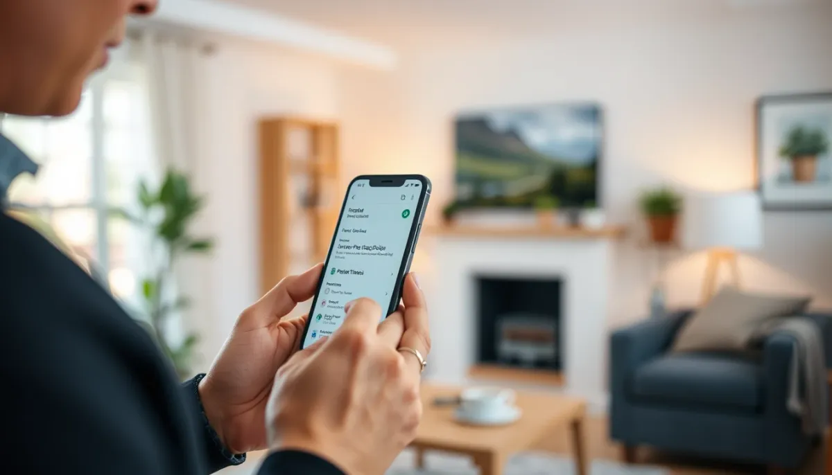 Personne consultant son téléphone pour trouver un coupeur de feu de confiance, dans un cadre domestique