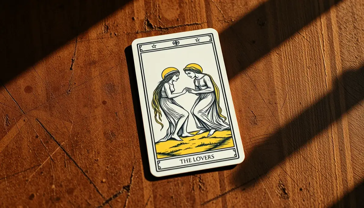 Carte de tarot L'Amoureux posée sur une surface en bois, éclairage doux
