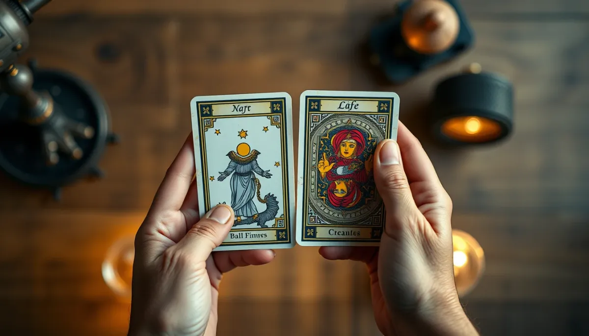 Mains tenant deux cartes de tarot côte à côte, symbolisant un choix