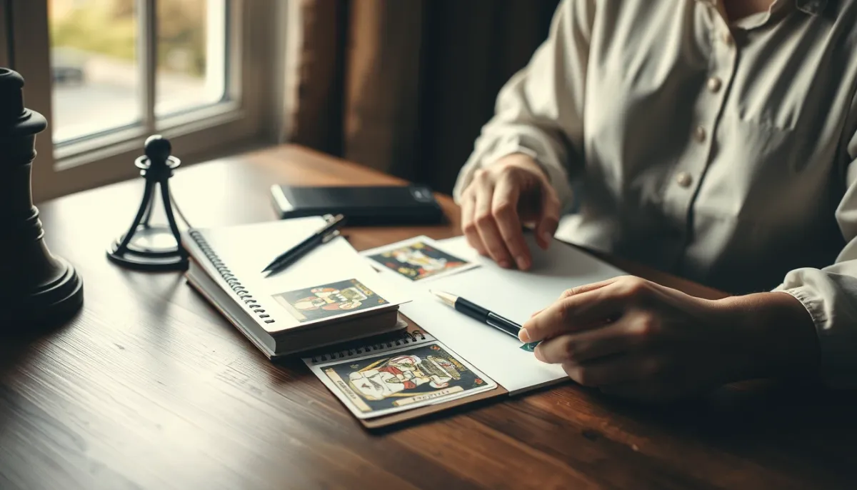 Séance de tirage de tarot avec des cartes étalées sur une table, ambiance calme et introspective