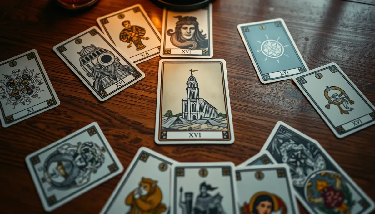 Tirage de tarot sur une table en bois, vue de dessus, avec la carte de La Maison Dieu au centre