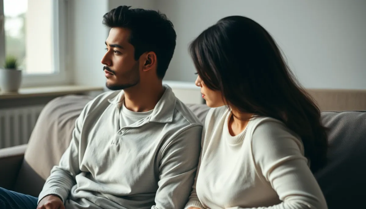 Couple assis à distance sur un canapé, illustrant une crise relationnelle et la nécessité de reconstruction
