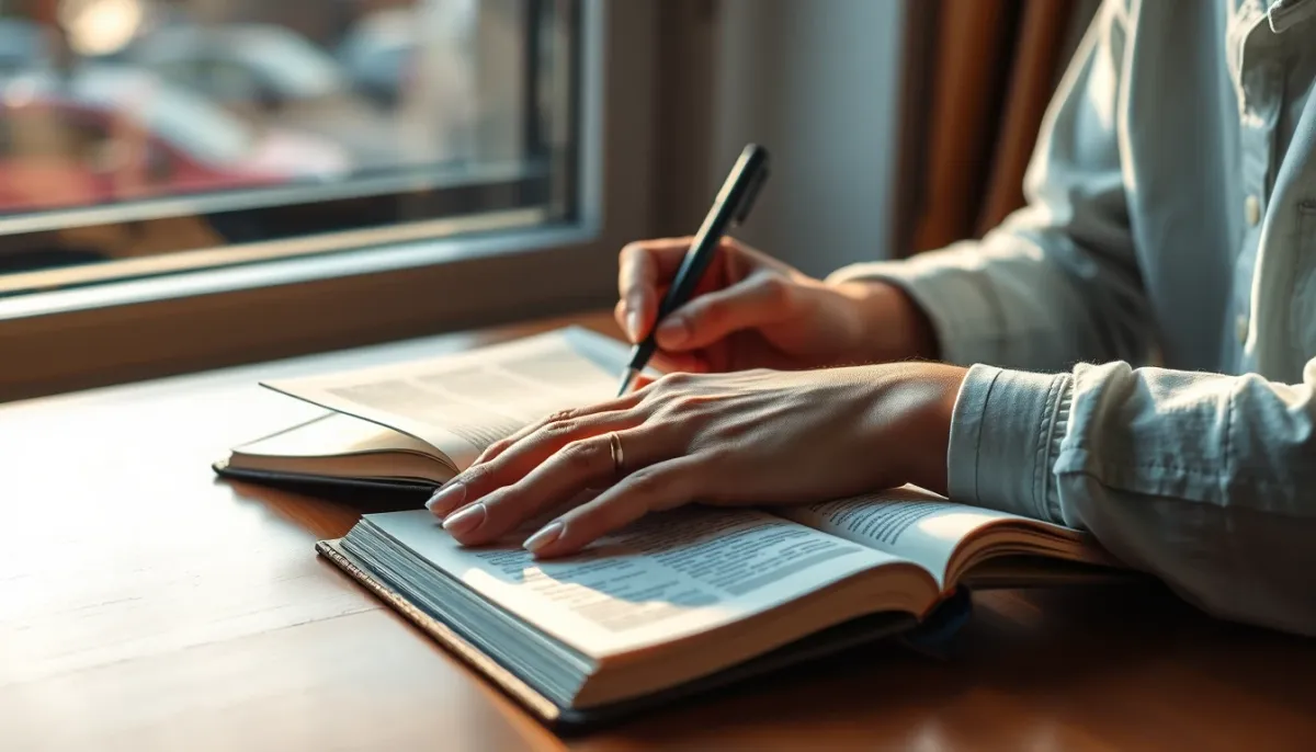 Personne écrivant dans un journal intime près d'une fenêtre, symbolisant la réflexion et les conseils pratiques