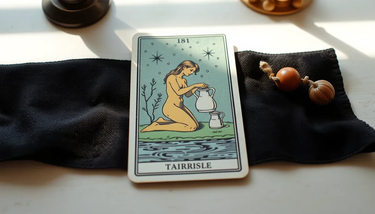 Carte de L'Étoile du tarot de Marseille posée sur un tissu sombre, vue de dessus