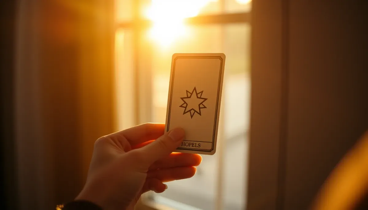 Mains tenant une carte de tarot représentant L'Étoile, lumière dorée