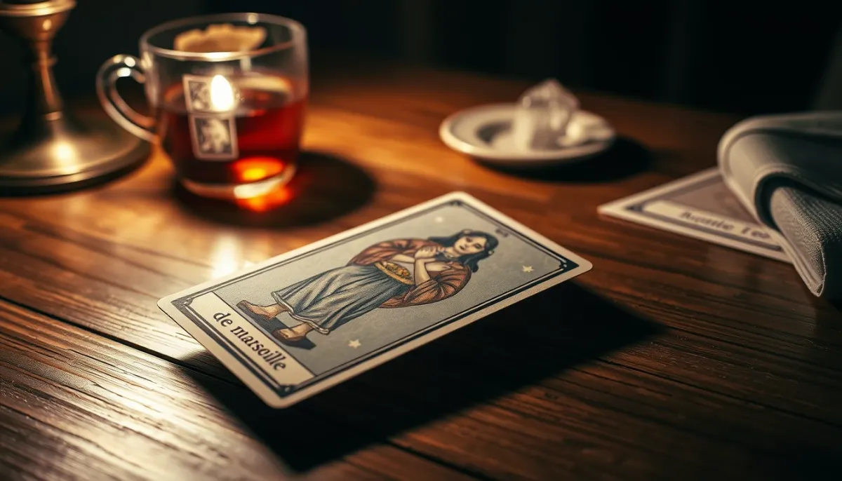 Carte de tarot à l'envers sur une table en bois, ambiance introspective