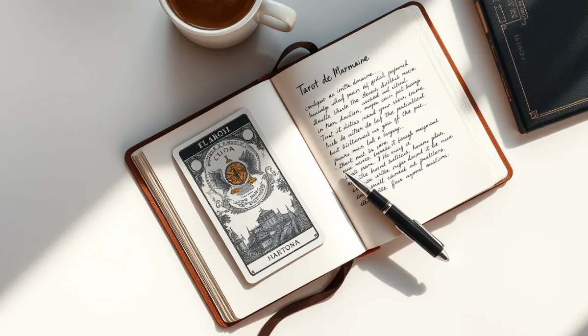 Carnet ouvert avec une carte de tarot à côté, vue de dessus, lumière naturelle