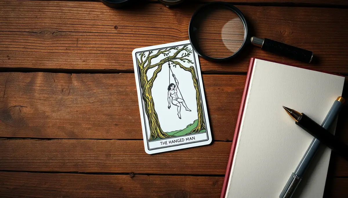 Carte du Pendu du Tarot de Marseille posée sur une table en bois, vue de dessus, avec une loupe et un carnet