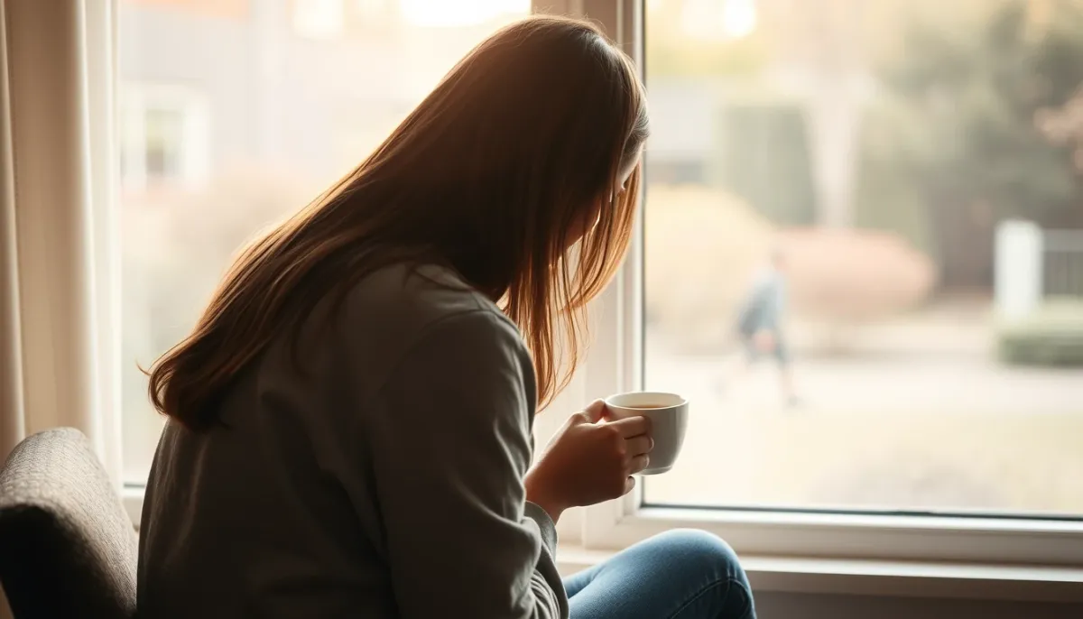 Personne assise près d'une fenêtre, en attente paisible, lumière douce du matin