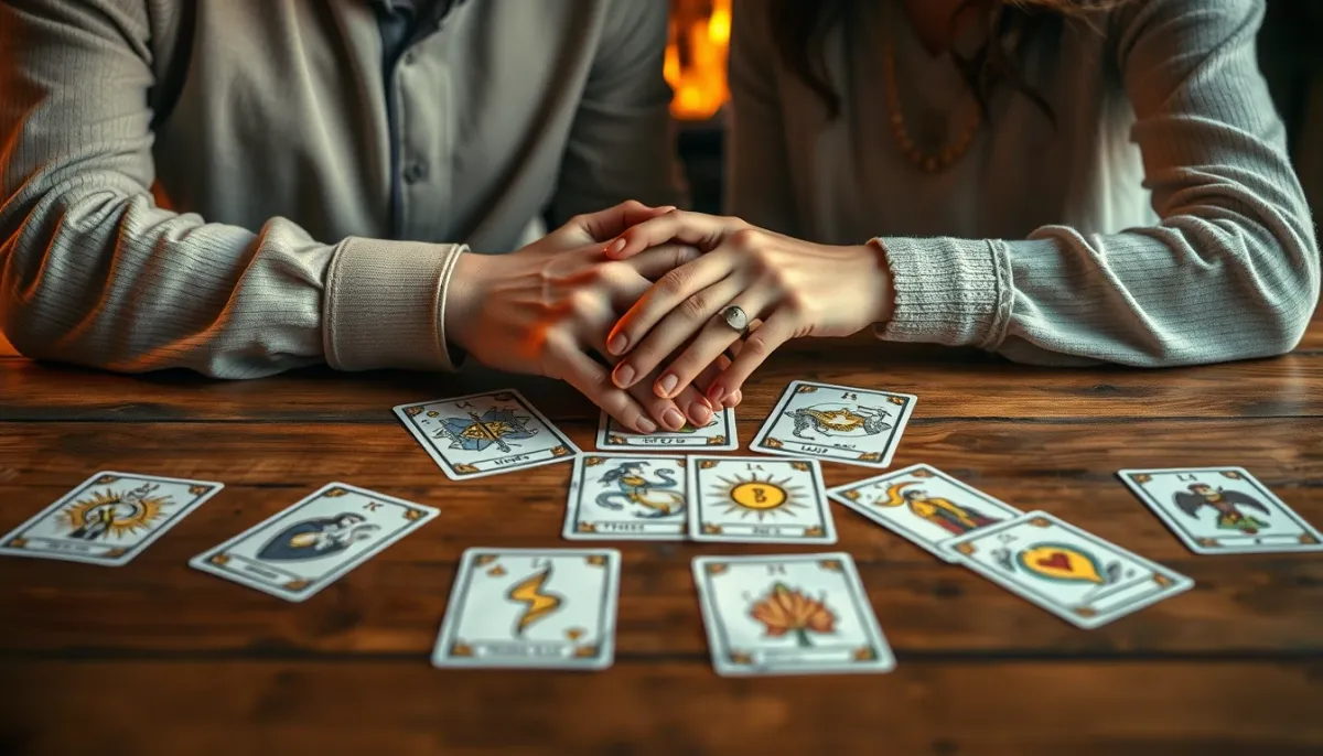 Couple se tenant les mains au-dessus de cartes de tarot, ambiance intime et pleine d'espoir