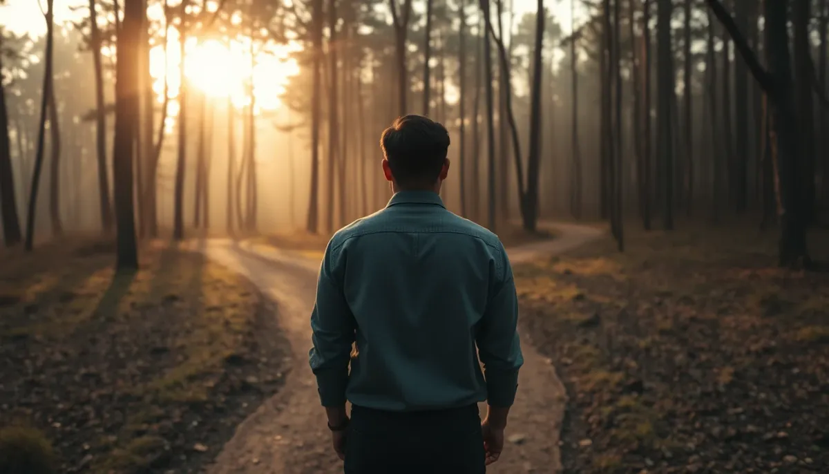 Personne debout à un carrefour en forêt, lumière dorée, moment de décision