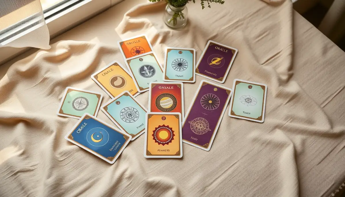 Cartes de l'Oracle Belline étalées sur un tissu en lin, montrant des symboles planétaires et des illustrations colorées