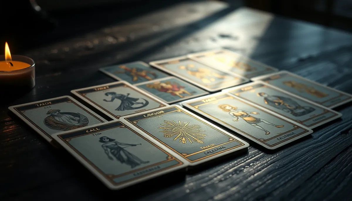 Les 22 arcanes majeurs du Tarot de Marseille disposés en ligne sur une surface en bois sombre, éclairés par une lumière latérale dramatique