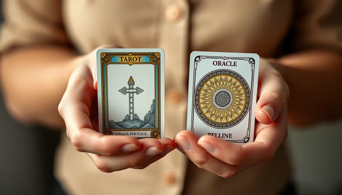 Mains tenant une carte de Tarot et une carte d'Oracle Belline côte à côte, symbolisant le choix entre les deux jeux