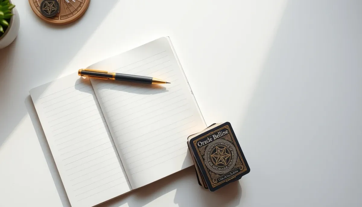Espace de travail pour débuter la cartomancie avec un carnet, un stylo et un jeu d'Oracle Belline sur un bureau blanc