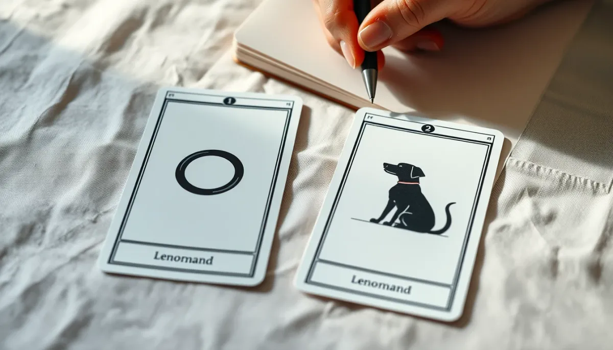 Deux cartes Lenormand côte à côte sur un tissu en lin, avec une main prenant des notes