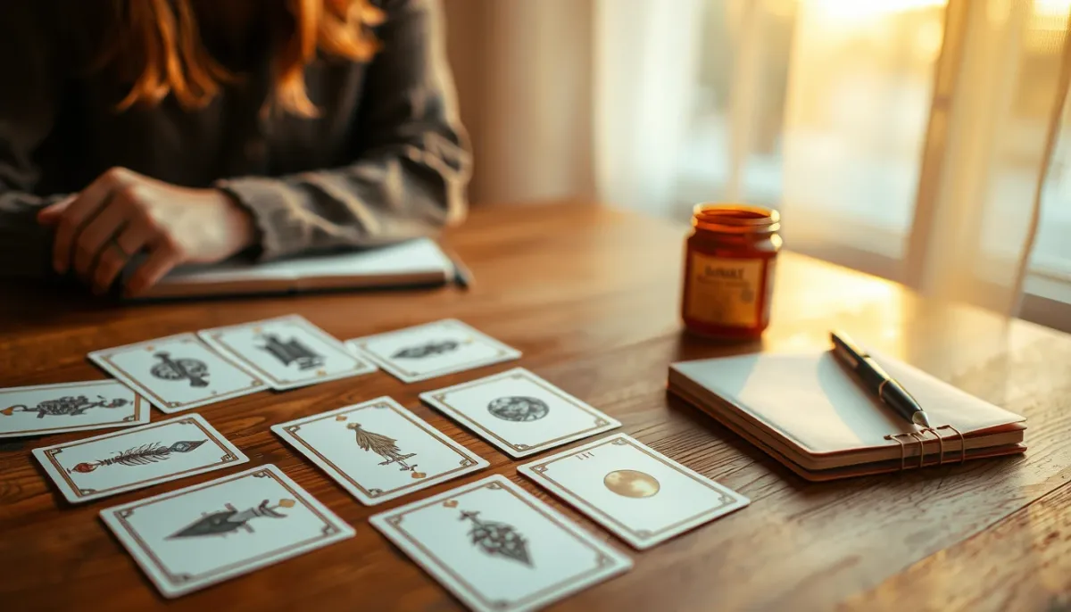 Lecture d'un tirage Lenormand avec plusieurs cartes alignées sur une table en bois