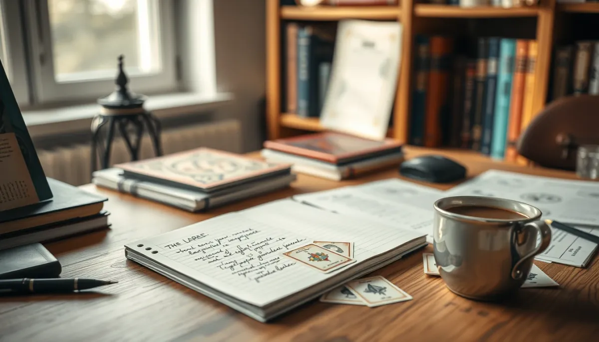 Bureau d'étude pour l'apprentissage du Lenormand avec des fiches imprimées et un carnet de notes