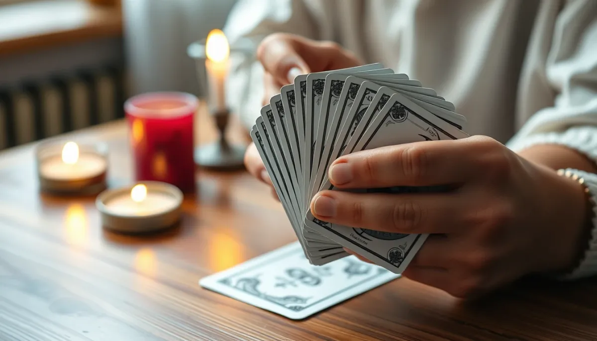 Mains mélangeant un jeu de cartes Lenormand, gros plan sur les cartes