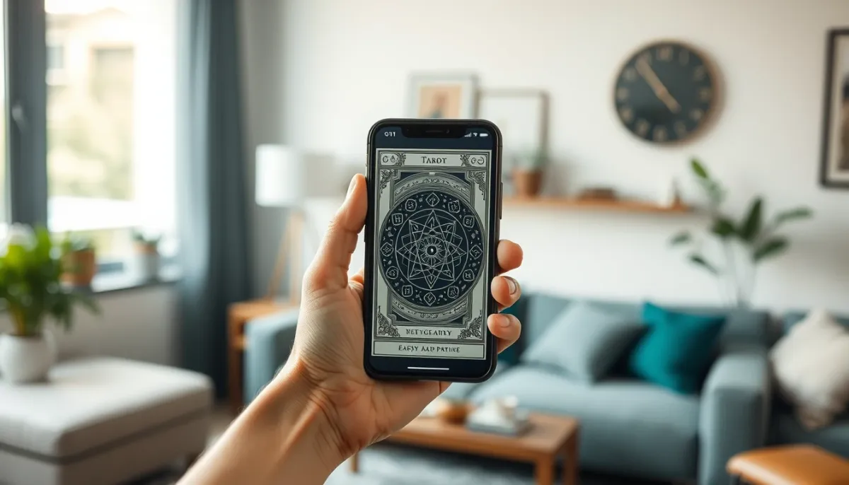 Application de tirage de tarot sur un smartphone tenu en main, illustrant l'accessibilité des tirages gratuits en ligne