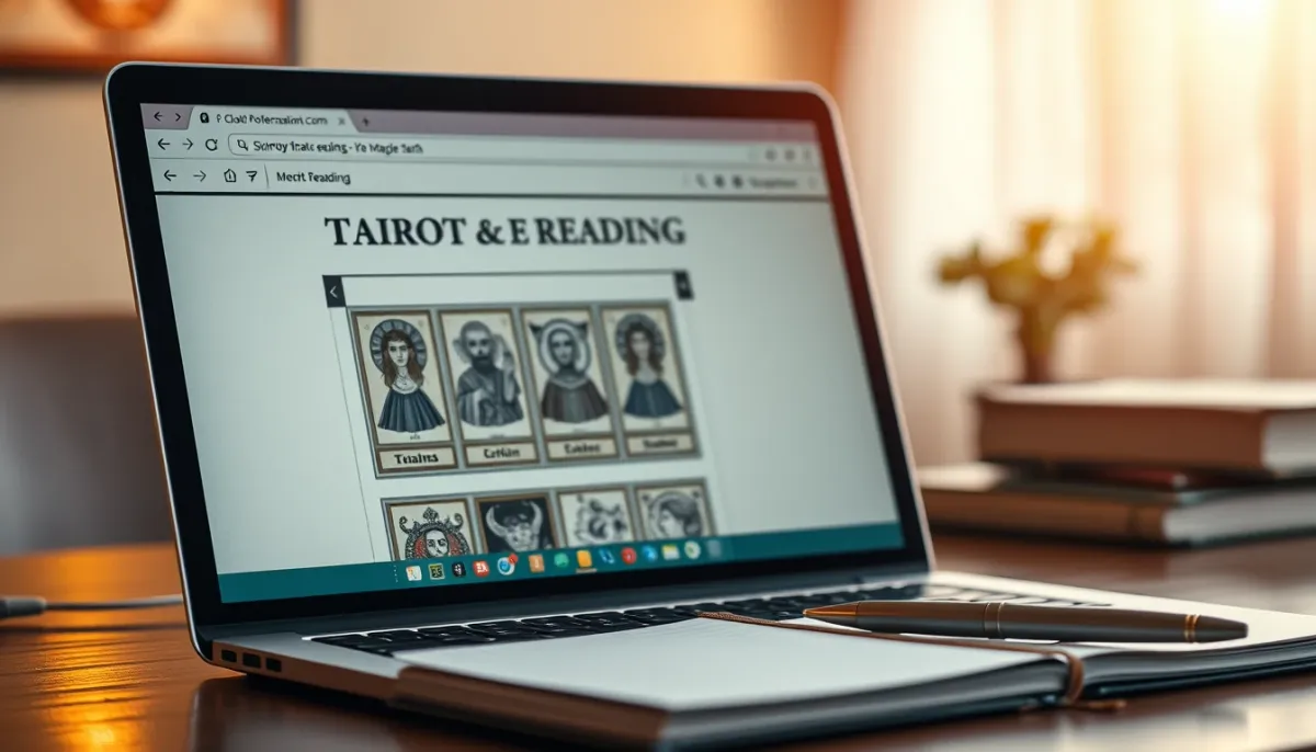 Site web de tirage de tarot sur un ordinateur portable, évoquant les limites et pièges des tirages gratuits en ligne