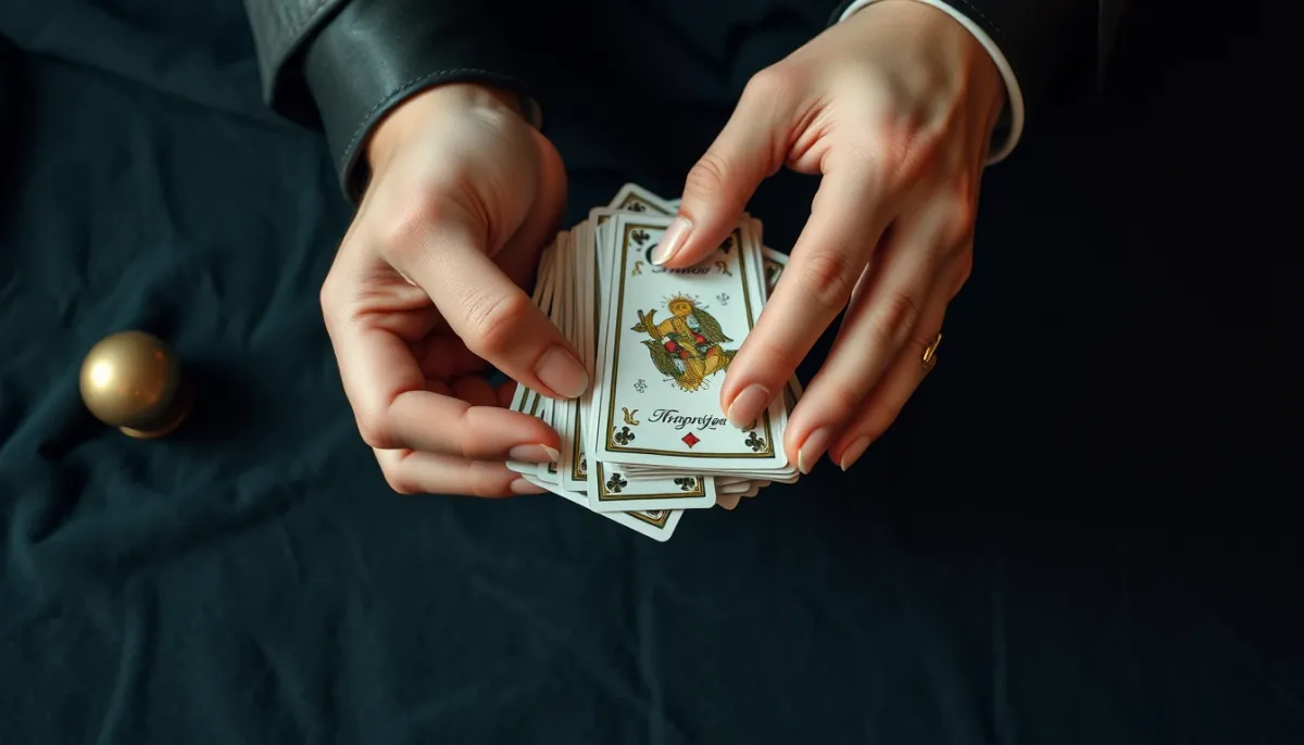 Mains d'un tarologue mélangeant un jeu de tarot, illustrant la différence entre tirage en ligne et consultation de voyance