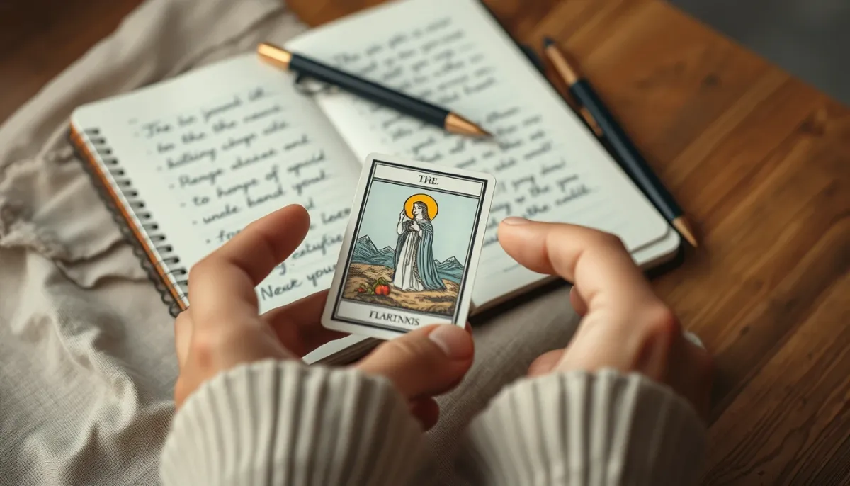 Mains tenant une carte de tarot illustrée lors d'une séance d'apprentissage quotidienne