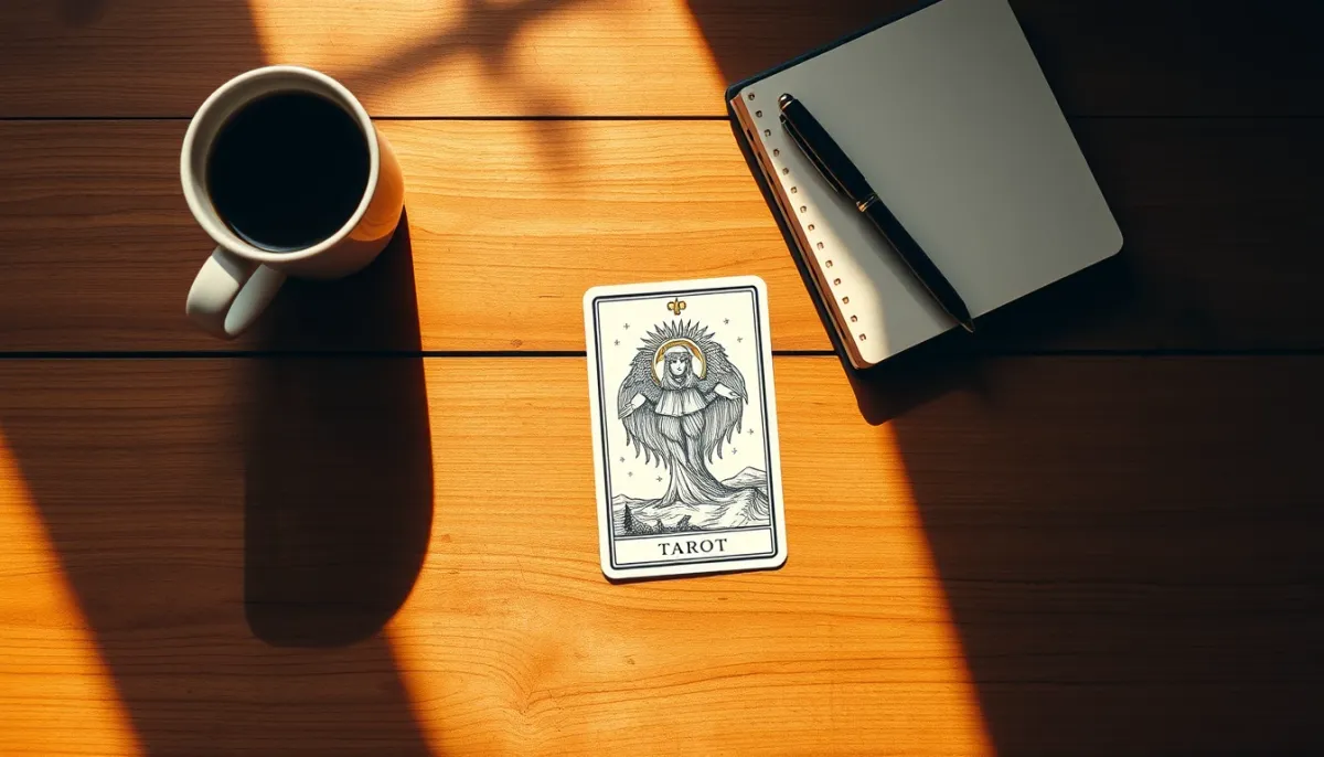 Tirage d'une seule carte du jour : une carte de tarot posée sur une table en bois avec un carnet