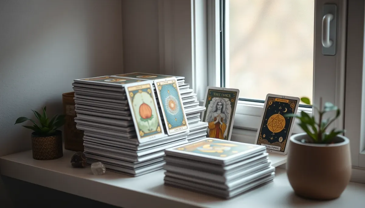 Plusieurs jeux de tarot rangés sur une étagère, illustrant la collection de jeux