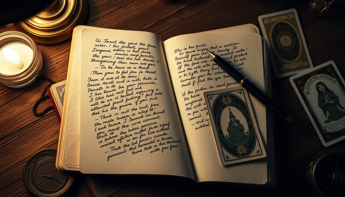 Carnet de notes avec des interprétations de tarot et une carte posée à côté