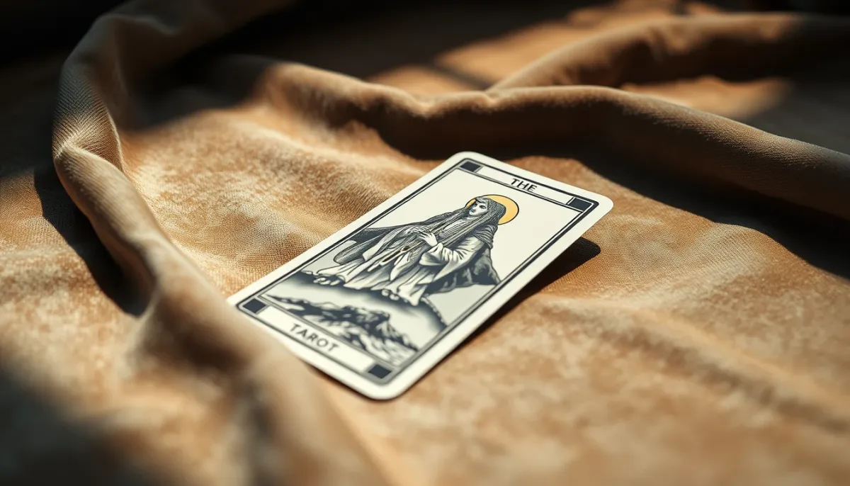 Gros plan d'une carte de tarot posée à l'envers sur un tissu en velours, éclairage doux et naturel