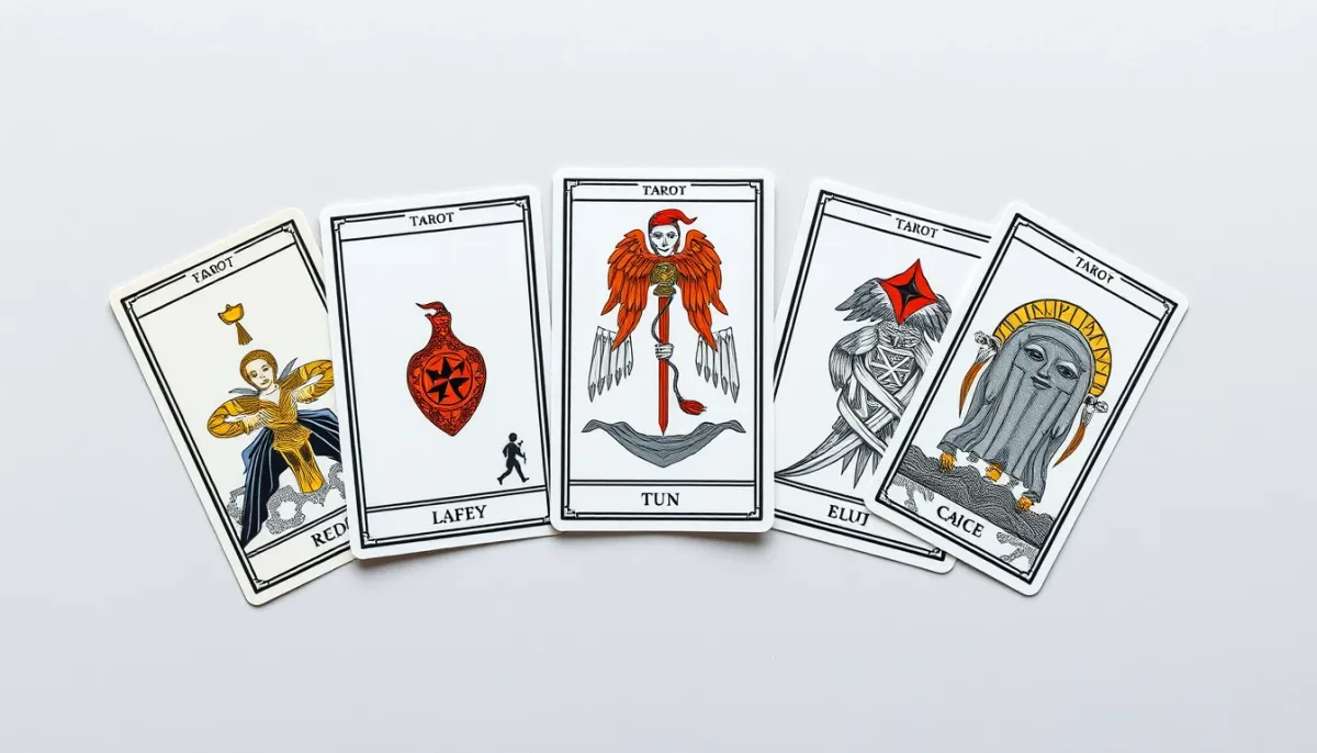 Cinq cartes de tarot disposées en ligne, certaines droites et d'autres inversées, vues de dessus