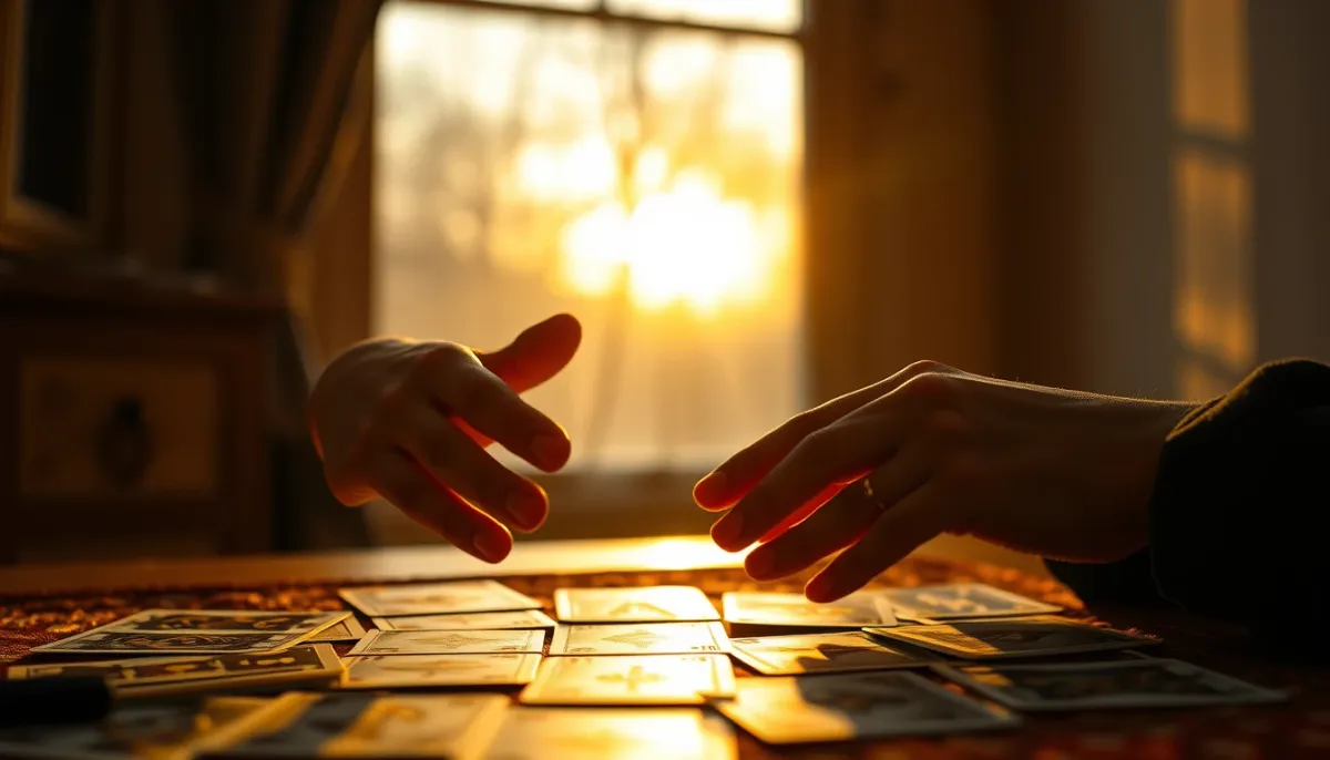 Mains d'un lecteur de tarot au-dessus d'un tirage, lumière dorée de fin de journée