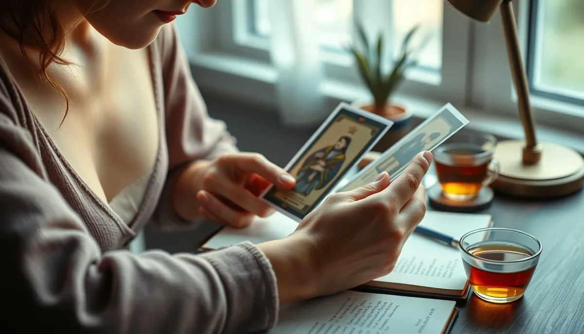 Personne étudiant une carte de tarot avec un carnet et un stylo à proximité