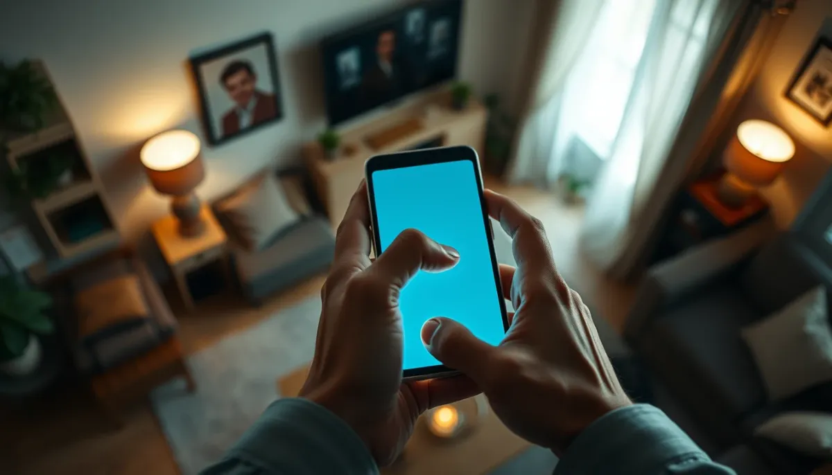 Mains tenant un smartphone avec une lueur d'écran, illustrant les offres de voyance sans frais et les risques de collecte de données