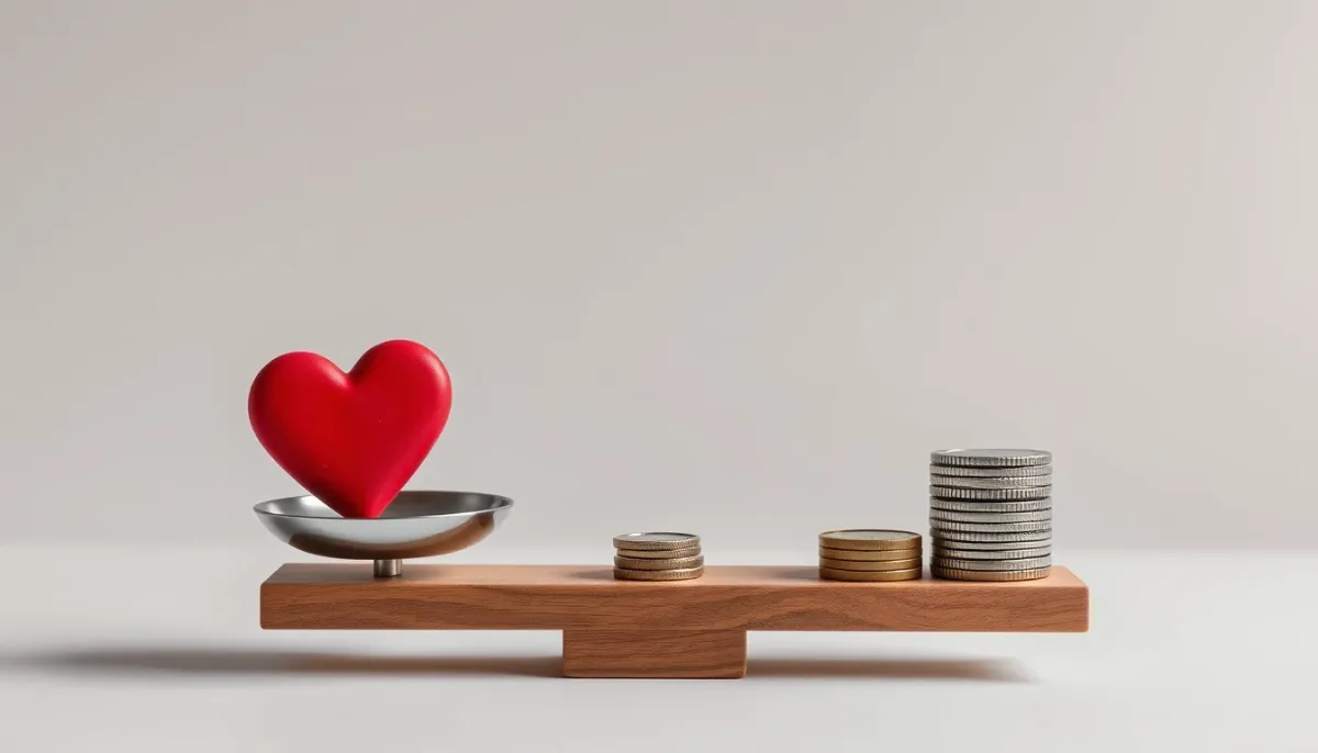 Balance avec un cœur et des pièces de monnaie, symbolisant les avantages et les limites de la voyance amoureuse gratuite