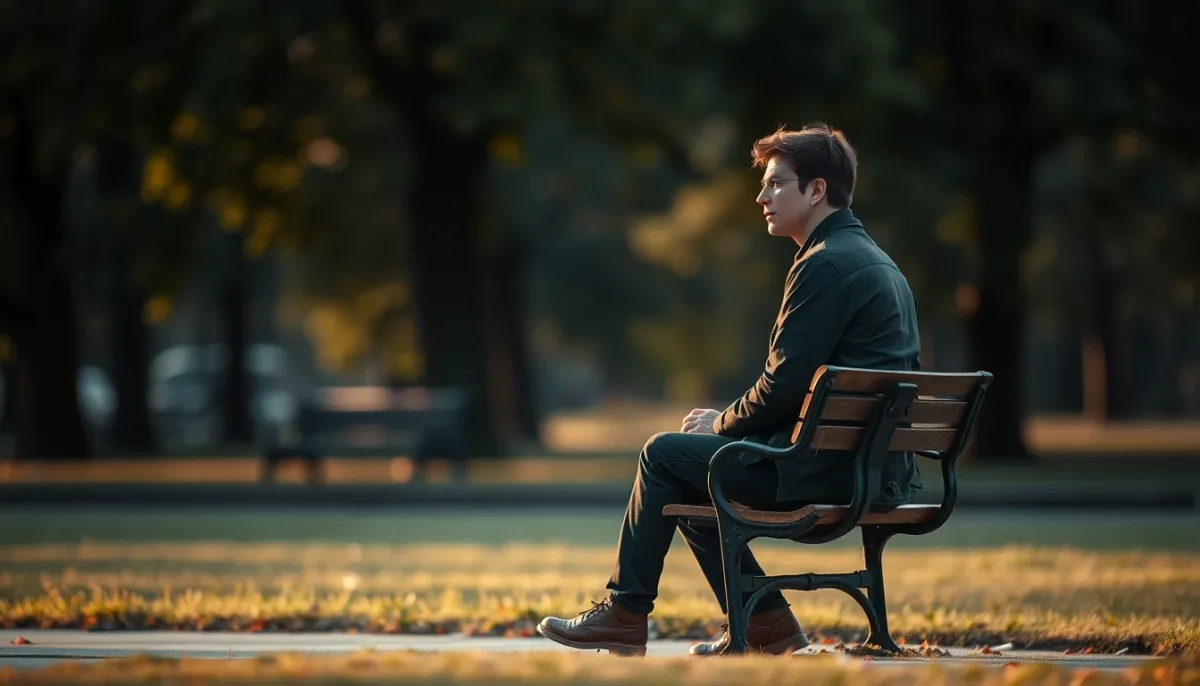 Personne assise seule sur un banc dans un parc, regardant au loin, lumière dorée du soir, ambiance mélancolique et pleine d'espoir