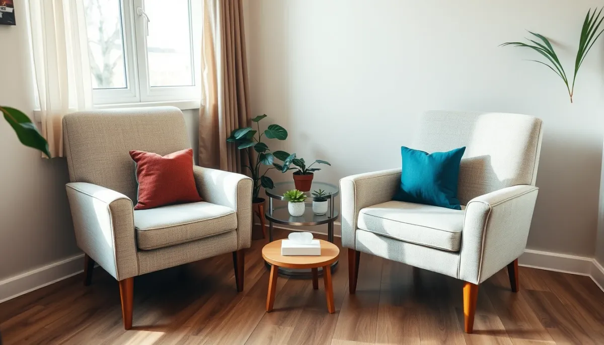 Cabinet de psychologue avec deux fauteuils confortables face à face, une petite table avec des mouchoirs et une plante, lumière naturelle douce
