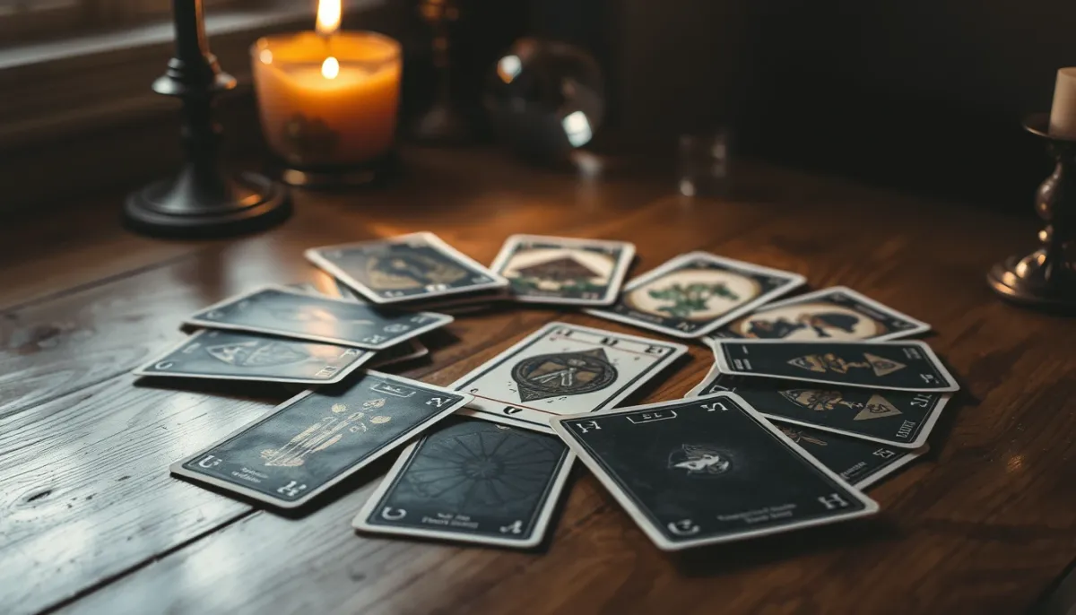 Cartes de tarot disposées sur une table en bois, éclairées par des bougies, évoquant une consultation de voyance
