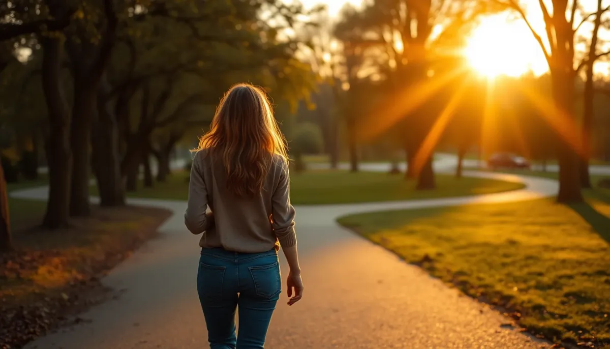 Femme marchant seule dans un parc au lever du soleil, symbolisant la reconstruction après une rupture